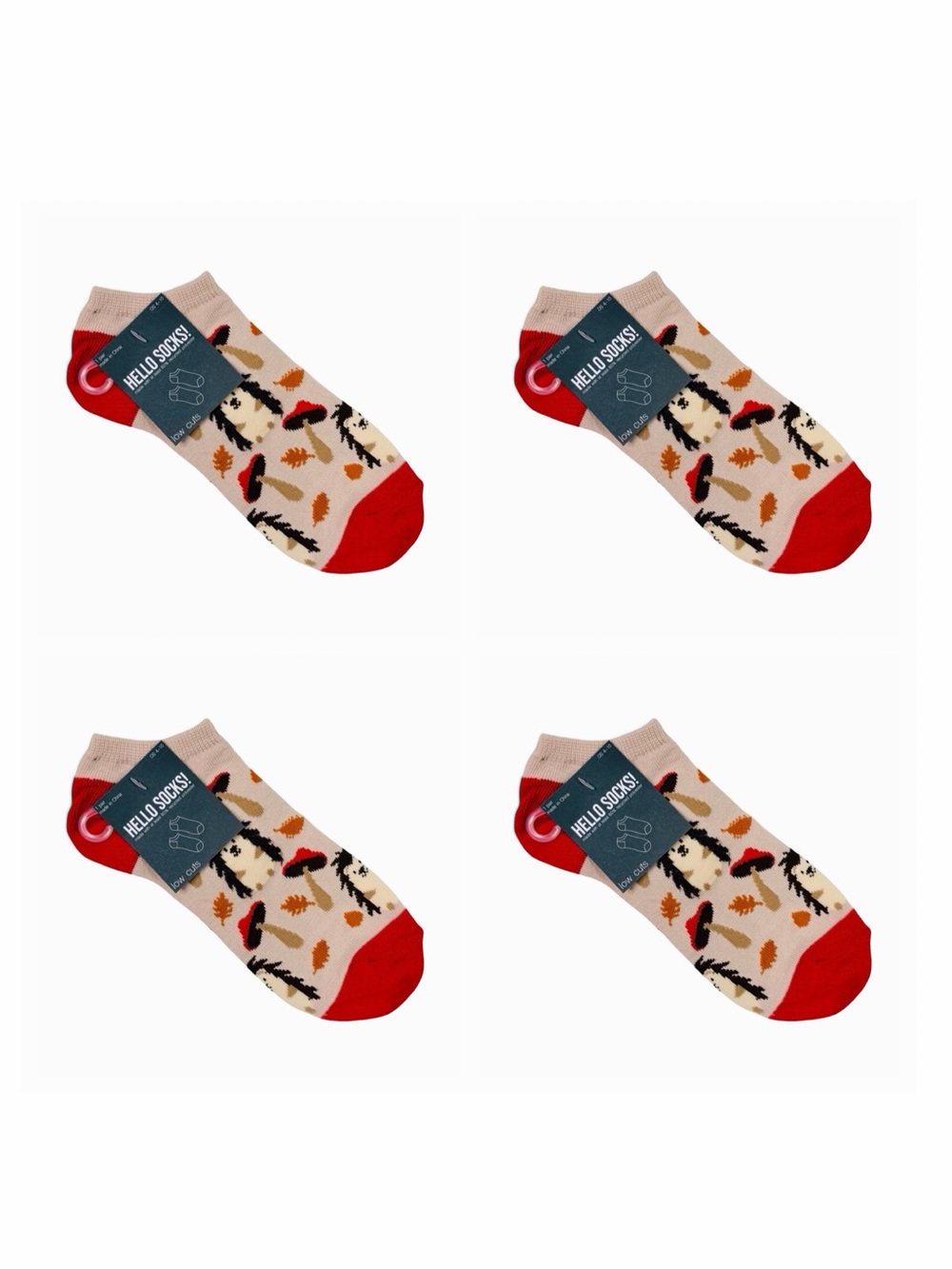 Hello Socks! Hedgehog Mushroom Low-Cut Socks - One Size (4-10) - 4 Pairs